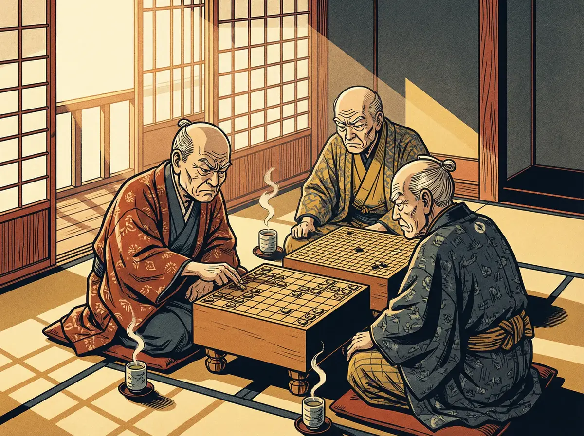 博雅棋牌室内部，几位老者正在对弈